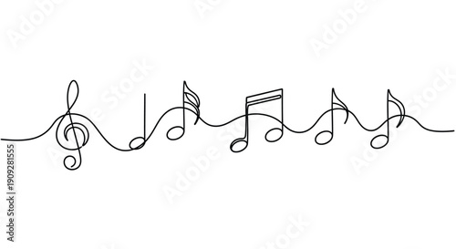 Single line drawing of musical notes and treble clef