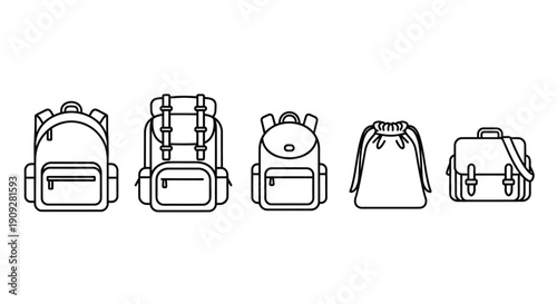 Collection of five distinct backpack icons, vector art