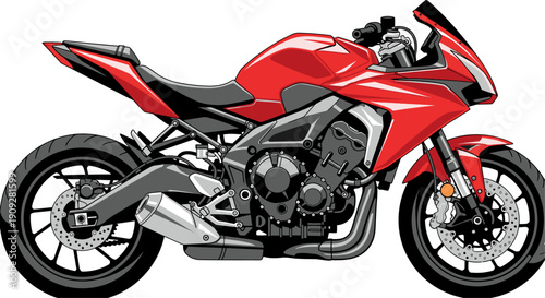 A detailed illustration of a bright red superbike showing its futuristic engine, exhaust, and frame components. Perfect for automotive, speed, and riding themes.