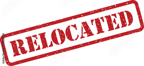 A bold red grunge stamp prominently features the word RELOCATED against a crisp white background