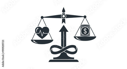 Concept of life balance between health and wealth on scales illustration.