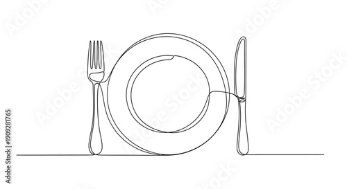 Plate, Fork, and Knife Line Art - Dining and Food Concept