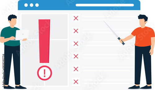 Business people analyzing system error warning sign data analysis problem solving technical support checklist failure alert notification digital security online risk web interface