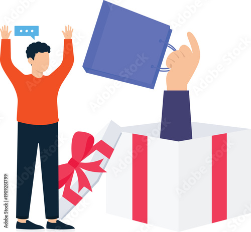 Happy customer receiving gift box surprise delivery shopping reward online purchase concept flat design digital marketing special offer raised hands