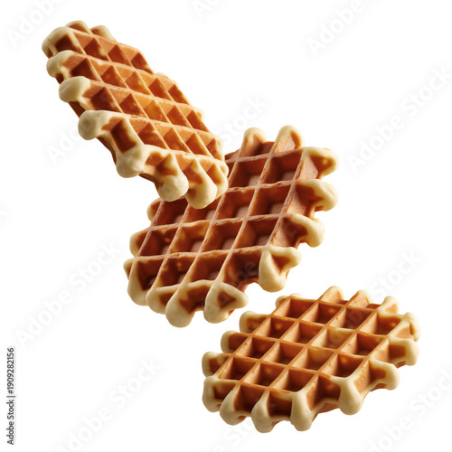 Three delicious golden brown crispy waffles with sweet creamy edges food item flying, isolated on transparent background
