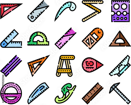 Various measuring tools and geometry equipment symbols for education, engineering, and design, featuring rulers, protractors, set squares, and french curves displayed across a white background