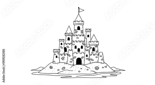 Detailed Sandcastle on Beach Illustration - Summer Vacation Concept