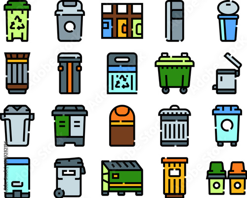 Different types of waste and recycling bins grouped together to illustrate garbage disposal, waste sorting, and sustainable public and household sanitation practices for a cleaner environment