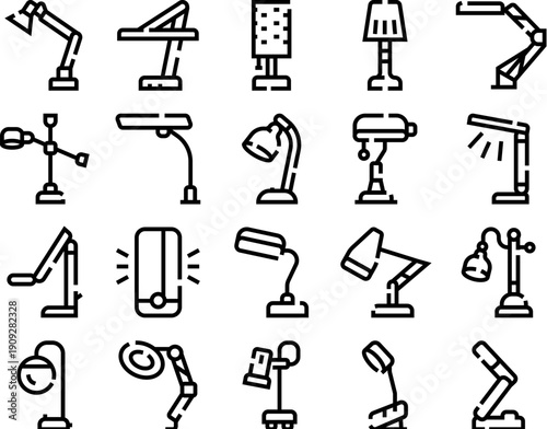 Various outline icons depicting different types of desk lamps, providing light and focus for office workspaces, study areas, and residential environments