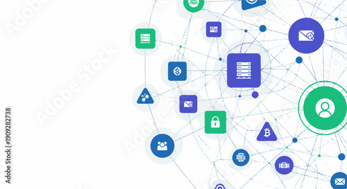 Digital network connection with various business and technology icons. Concept of cloud computing, big data, internet of things, and global communication.