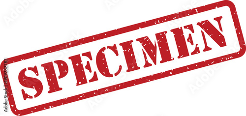 A grunge textured red rubber stamp clearly indicating the word SPECIMEN on a pristine white background