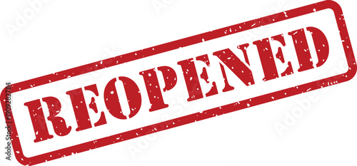 A noticeable red grunge rubber stamp displays the word REOPENED on a simple white page for official notification