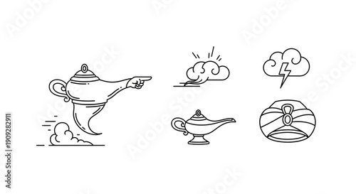 Genie Lamp and Magic Elements Line Art Icons Set