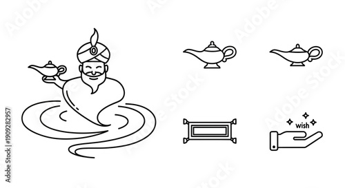 Genie Lamp Icons: Magic, Wishes, Flying Carpet, Arabian Nights Fantasy