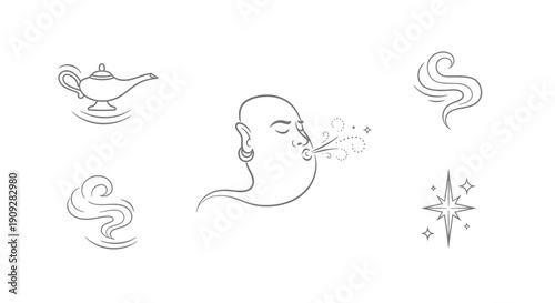 Genie Lamp, Magic Smoke, and Sparkling Stars - Mystical Elements Collection