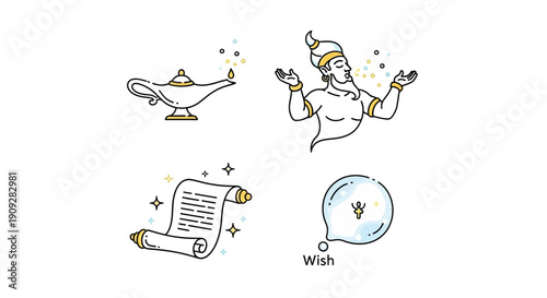 Genie Lamp, Genie, Scroll, and Wish Bubble Icons - Magic and Fantasy Concept
