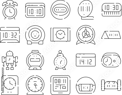 Collection of digital and analog clock and alarm icons illustrating time, timers, countdowns and reminders for schedule, punctuality, appointments and uiux interface design concepts