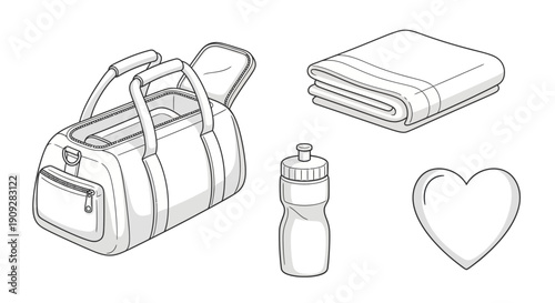 Gym Bag, Water Bottle, Towel, and Heart Icon - Fitness and Healthy Lifestyle Concept