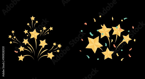 Golden Starburst Fireworks and Confetti Explosion on Black Background