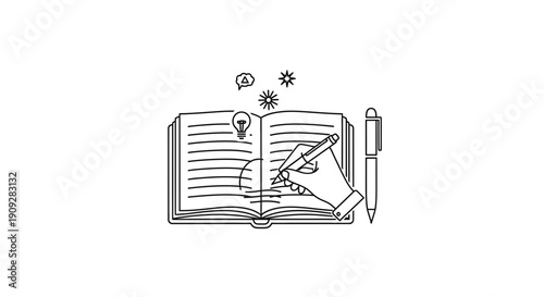 Hand Drawing Idea Lightbulb Sketch in Open Book, Creative Concept