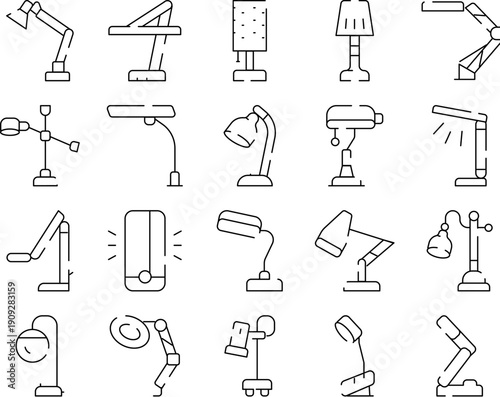 Collection of modern and classic lamp designs for desk, table and home or office interiors, minimalist line icons and detailed fixtures for reading, work and ambient lighting