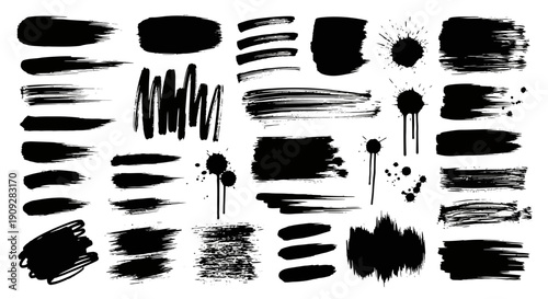 Black Ink Brush Strokes and Splatters - Grunge Texture Elements Collection