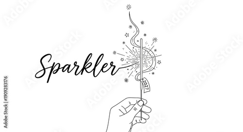 Hand holding a sparkler with '2022' tag, festive fireworks and stars, black and white illustration