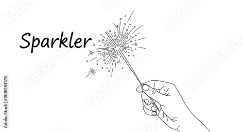 Hand holding a lit sparkler, festive celebration, sparkling fireworks, black and white line art