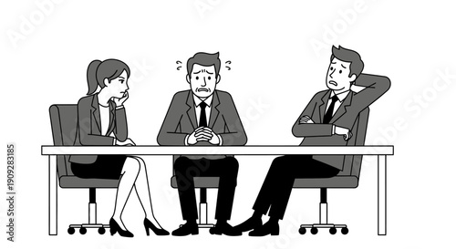 Group of business people looking stressed and worried in a meeting illustration.