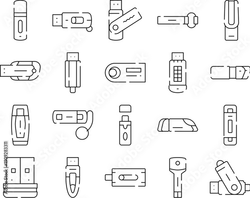 Usb flash drives and memory sticks arranged as icons representing portable digital storage, data transfer and backup technology on a clean minimalist background