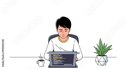 Young male programmer coding on laptop at desk illustration.