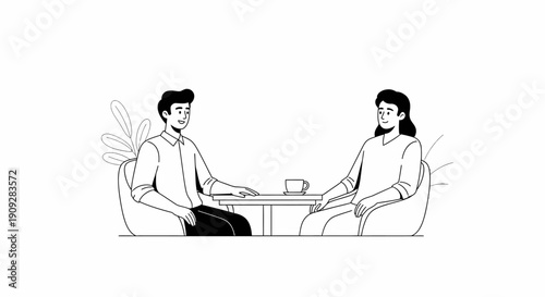 A minimalist line art illustration of a man and woman sitting across from each other at a table with cups of coffee. Perfect for job interviews, dates, business collaborations, or casual conversation.