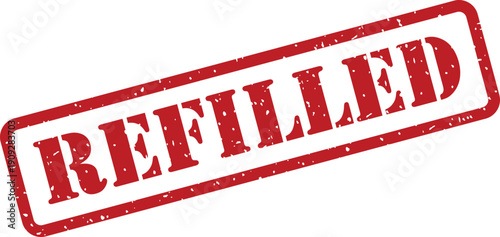 A red rectangular textured rubber stamp with the word REFILLED on a clean white background