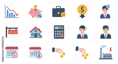 This colorful icon set includes a declining graph, a broken piggy bank, a "sold" house, and a sad businessman's expression. Perfect for infographics about recession, inflation, and unemployment.