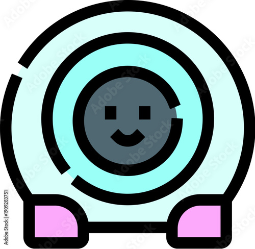 Smart home assistant displaying a happy robot face, representing modern technology, artificial intelligence, and digital automation for connection and control