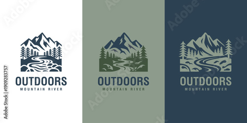 Mountain River Pine Tree Logo Collection Design. Abstract Landscape Wilderness Concept Symbol for Camping Brand, Hiking Adventure, Outdoor Travel, and Park Identity