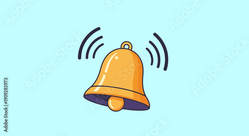 Golden Bell Ringing with Sound Waves on Light Blue Background