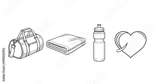 Gym Bag, Towel, Water Bottle, and Heart Icon: Fitness and Healthy Lifestyle Icons