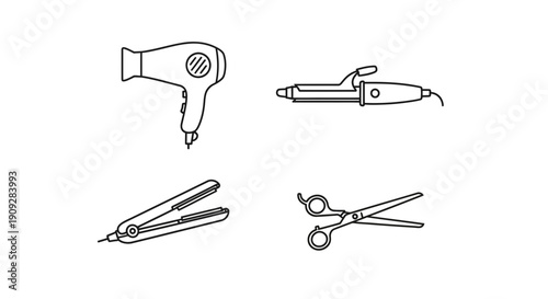 Hairdressing Tools Icon Set: Hair Dryer, Curling Iron, Straightener, Scissors