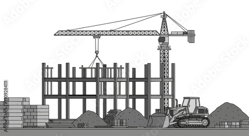 A view of a high-rise building construction project in progress, featuring steel structures, tower cranes, bulldozers and piles of construction materials in black and white style.