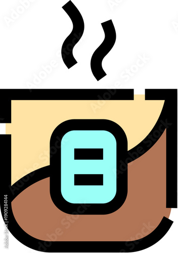 Steaming cup with a brewing tea bag, warm aromatic infusion signaling a relaxing break or cozy morning ritual, simple outline icon on white background for ui and marketing