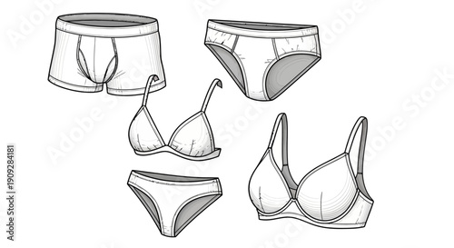 Hand-Drawn Underwear Set: Boxers, Briefs, Bras, and Panties - Fashion Sketch