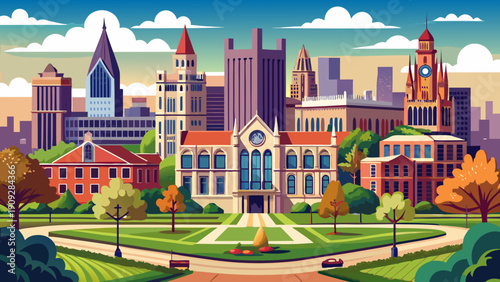 Very beautiful wide shot of the University of Chicago campus in Chicago, Illinois, USA, showcasing elegant academic buildings and balanced urban campus planning.