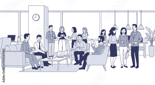 Large group of diverse professional colleagues interacting and networking in a modern office lounge. People sitting on sofas, talking, and holding coffee cups in a relaxed corporate environment.