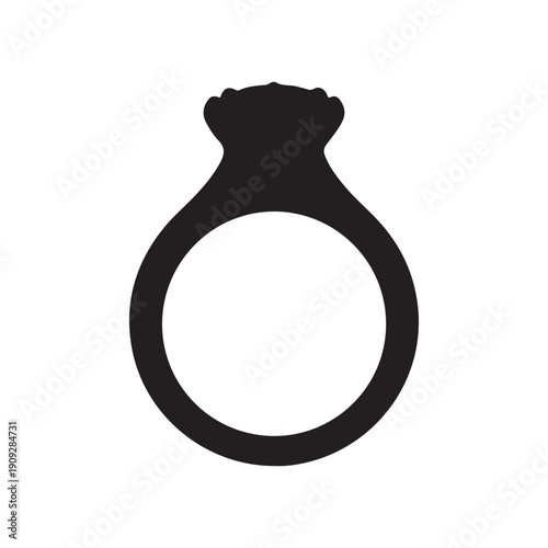 A minimalist black silhouette of a diamond engagement ring against a clean white background, symbolizing love, commitment, and luxury.
