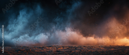 Dramatic storm front over scorched ground wildfire smoke background