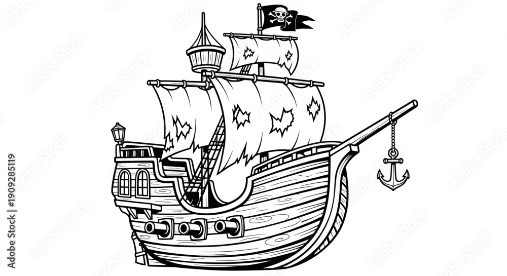 Fototapeta premium Vintage Pirate Ship with Jolly Roger Flag and Anchor, Black and White Illustration