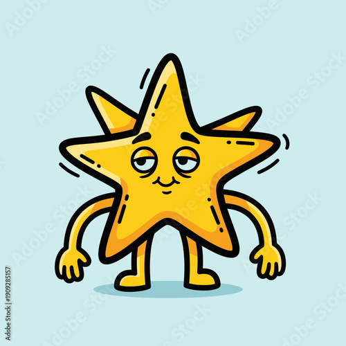 Funny Cartoon Star Character with Tired Eyes and Arms Raised, Vector Illustration