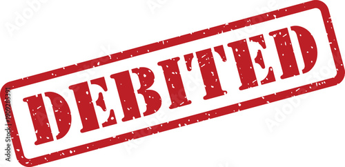 A vivid red rubber stamp clearly showing the word DEBITED stands out on a bright white background