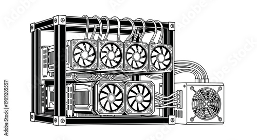 Cryptocurrency mining rig with multiple GPUs line art illustration.